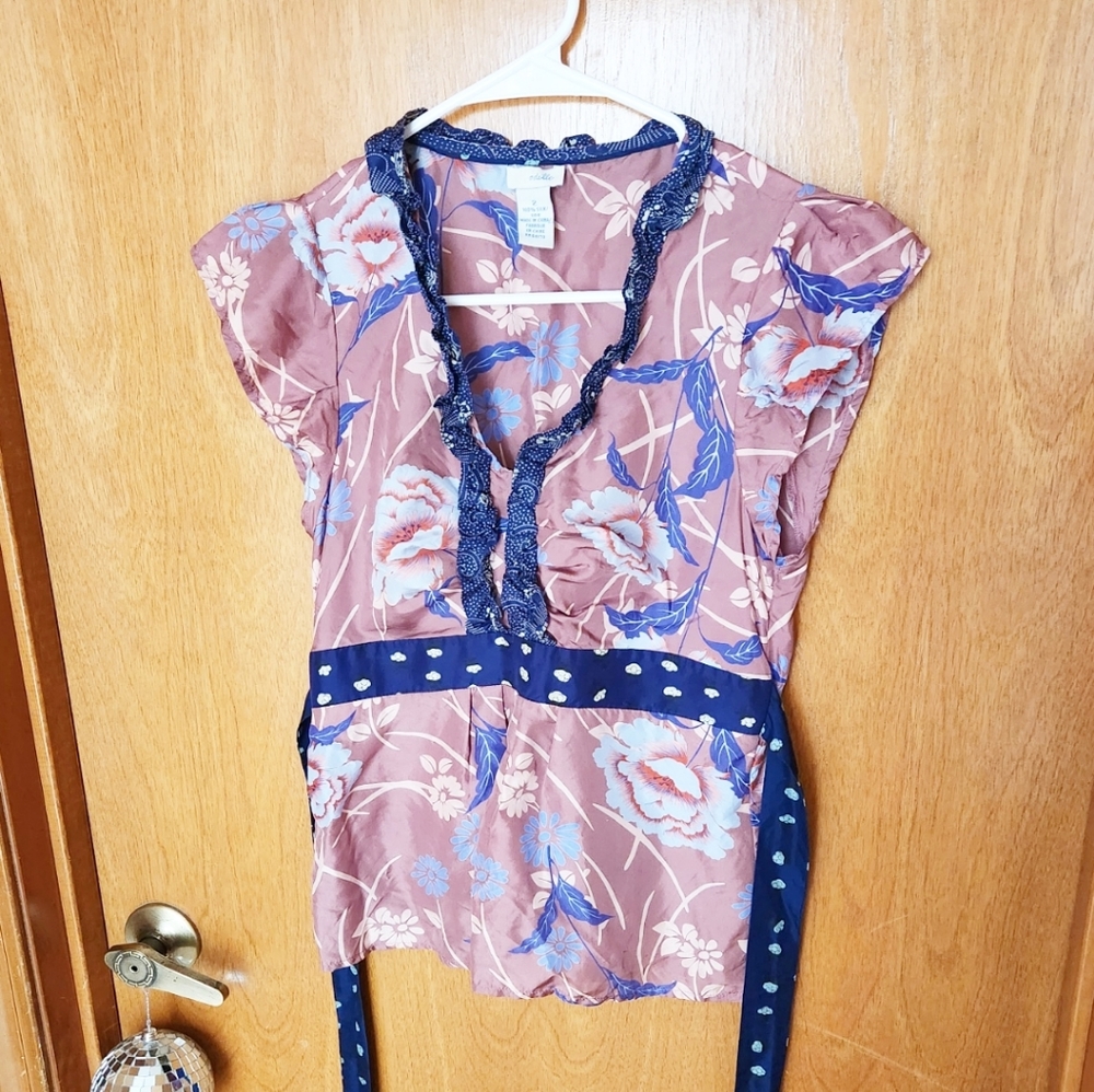 Odille Anthropologie Vintage Floral Y2k Tie Back Blouse Top Purple